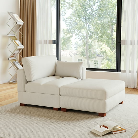 DREAMSIDEA Oversized Chaise Lounge with Ottoman for Living Room, Left Arm Corduroy Chaise Lounge Indoor Furniture,Beige