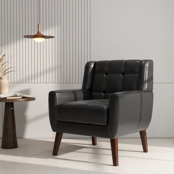 DREAMSIDEA PU Leather Accent Chair Living Room,Tufted Armchair for Bedroom Single Sofa Set, Black