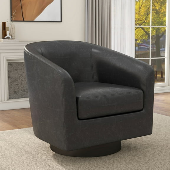 DREAMSIDEA PU Leather Swivel Barrel Chair, Round Accent Chair for Living Room, Office, Bedroom -Black