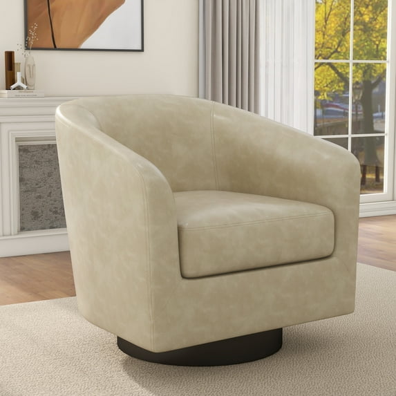 DREAMSIDEA PU Leather Swivel Barrel Club Chair, Modern Accent Chair Upholstered Round Armchair for Living Room, Office, Bedroom -Beige