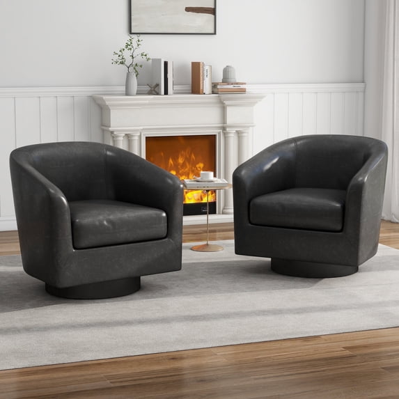 DREAMSIDEA PU Leather Swivel Barrel Club Chair, Modern Accent Chairs Set of 2 Upholstered Round Armchair for Living Room, Office, Bedroom -Black