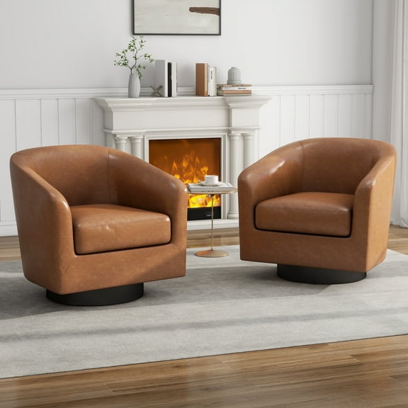 DREAMSIDEA PU Leather Swivel Barrel Club Chair, Modern Accent Chairs Set of 2 Upholstered Round Armchair for Living Room, Office, Bedroom -Brown