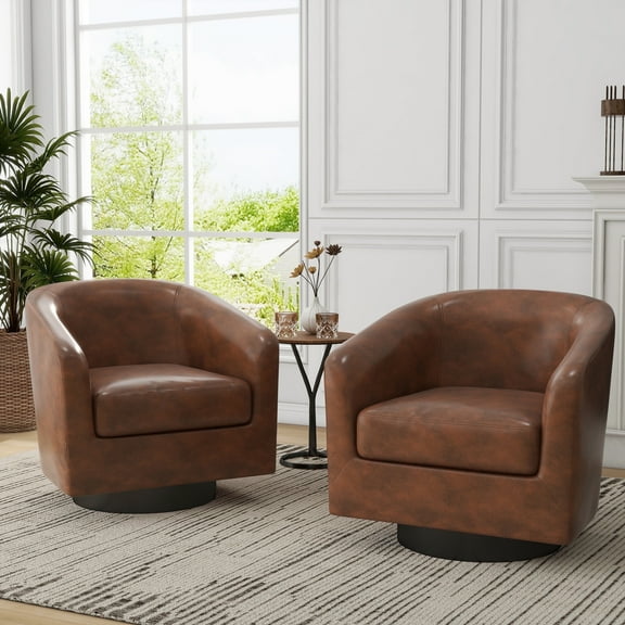 DREAMSIDEA PU Leather Swivel Barrel Club Chair, Modern Accent Chairs Set of 2 Upholstered Round Armchair for Living Room, Office, Bedroom -Coffee