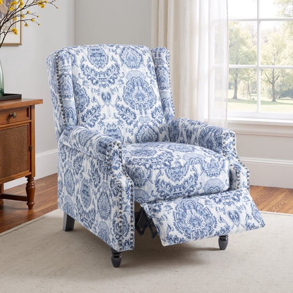 DREAMSIDEA Push Back Recliner Chair Living Room, Wingback Reclining Sofa Chair, Fabric Floral Recliner Reading Chair with Footrest for Living Room/Office/Apartment, Navy