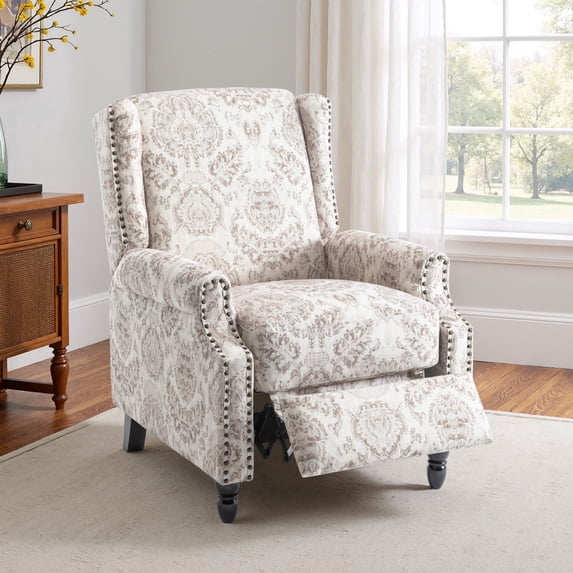DREAMSIDEA Push Back Recliner Chair Living Room, Wingback Reclining Sofa Chair, Fabric Floral Recliner Reading Chair with Footrest for Living Room/Office/Apartment, Beige