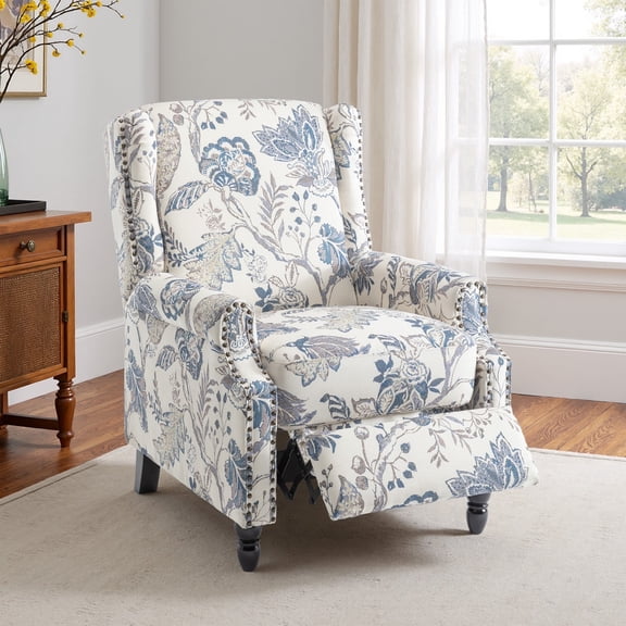 DREAMSIDEA Push Back Recliner Chair Living Room, Wingback Reclining Sofa Chair, Fabric Floral Recliner Reading Chair with Footrest for Living Room/Office/Apartment, Blue Plants