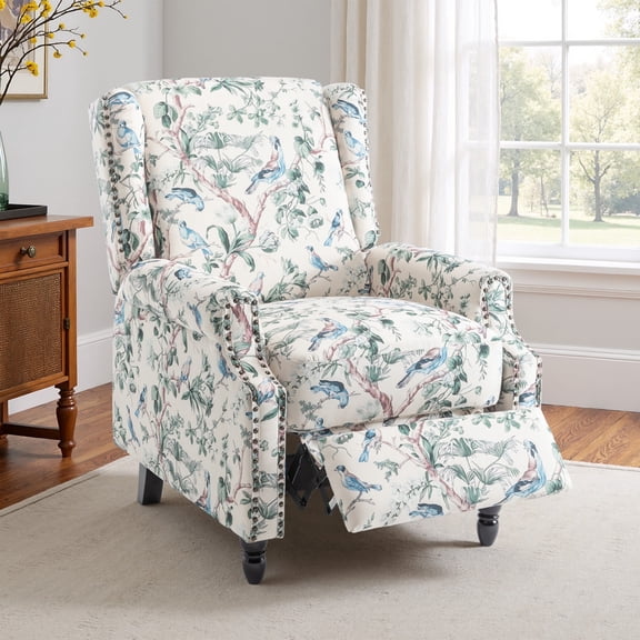 DREAMSIDEA Push Back Recliner Chair Living Room, Wingback Reclining Sofa Chair, Fabric Floral Recliner Reading Chair with Footrest for Living Room/Office/Apartment, Bird