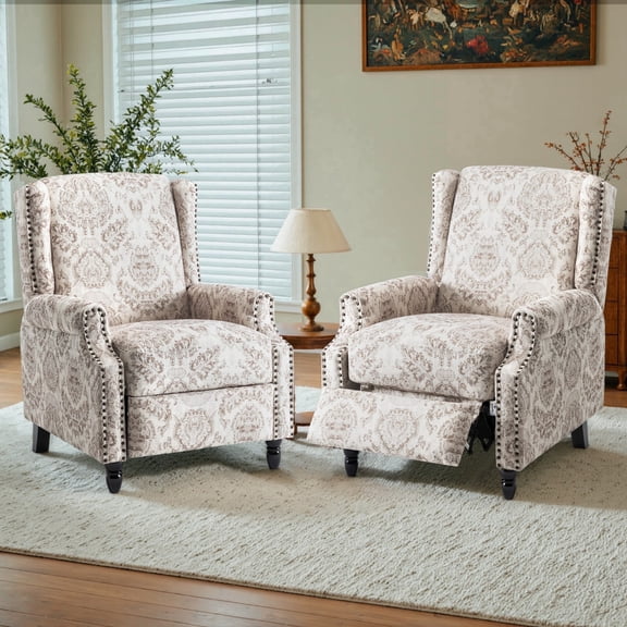 DREAMSIDEA Push Back Recliner Chair Set of 2 Living Room, Wingback Reclining Sofa Chair, Fabric Floral Recliner Reading Chair with Footrest for Living Room/Office/Apartment, Beige