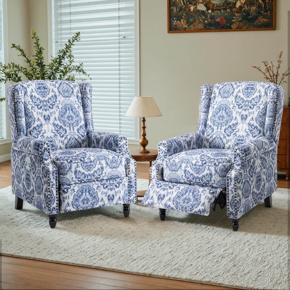 DREAMSIDEA Push Back Recliner Chair Set of 2 Living Room, Wingback Reclining Sofa Chair, Fabric Floral Recliner Reading Chair with Footrest for Living Room/Office/Apartment, Navy