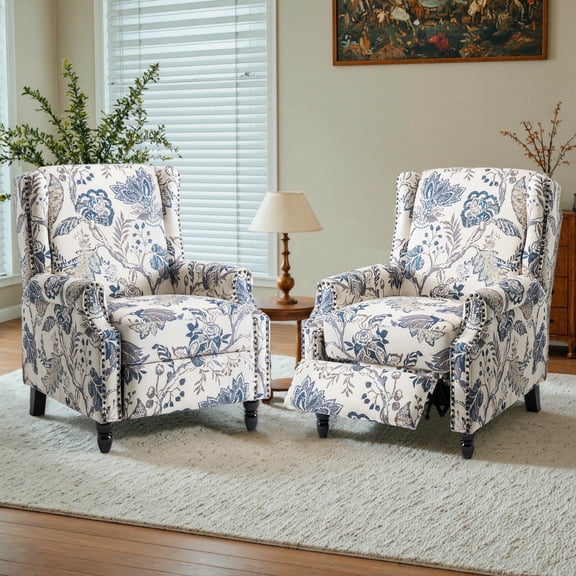 DREAMSIDEA Push Back Recliner Chair Set of 2 Living Room, Wingback Reclining Sofa Chair, Fabric Floral Recliner Reading Chair with Footrest for Living Room/Office/Apartment, Blue Plants