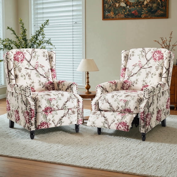 DREAMSIDEA Push Back Recliner Chair Set of 2 Living Room, Wingback Reclining Sofa Chair, Fabric Floral Recliner Reading Chair with Footrest for Living Room/Office/Apartment, Floral