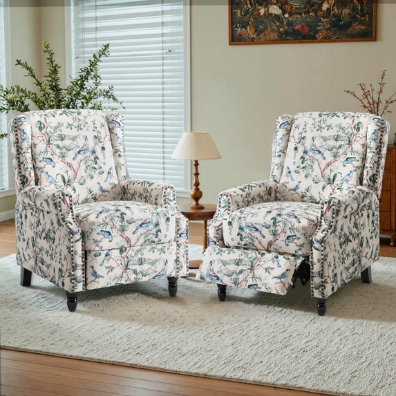 DREAMSIDEA Push Back Recliner Chair Set of 2 Living Room, Wingback Reclining Sofa Chair, Fabric Floral Recliner Reading Chair with Footrest for Living Room/Office/Apartment, Bird