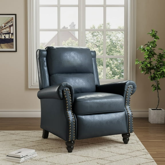 DREAMSIDEA Pushback Recliner Chair Faux Leather Wingback Chair Home Theater Single Sofa for Living Room, Navy Blue