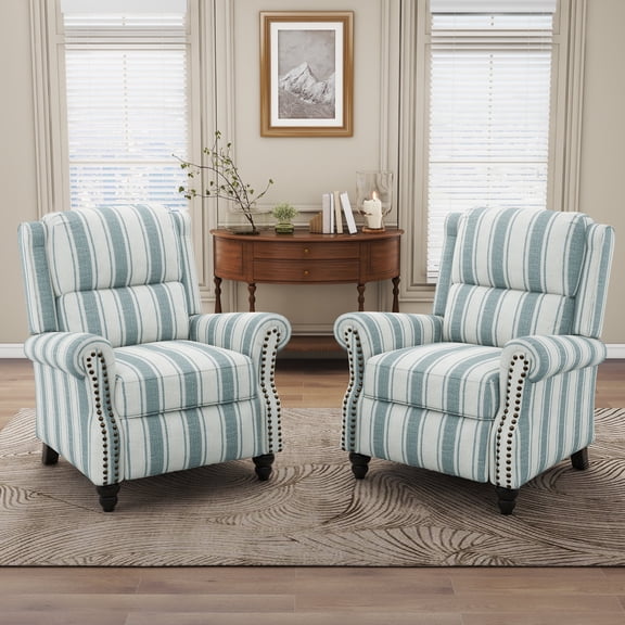 DREAMSIDEA Pushback Recliner Chair Sets of 2, Fabric Accent Armchair, Home Theater Overstuffed Single Sofa for Living Room, Stripe Blue