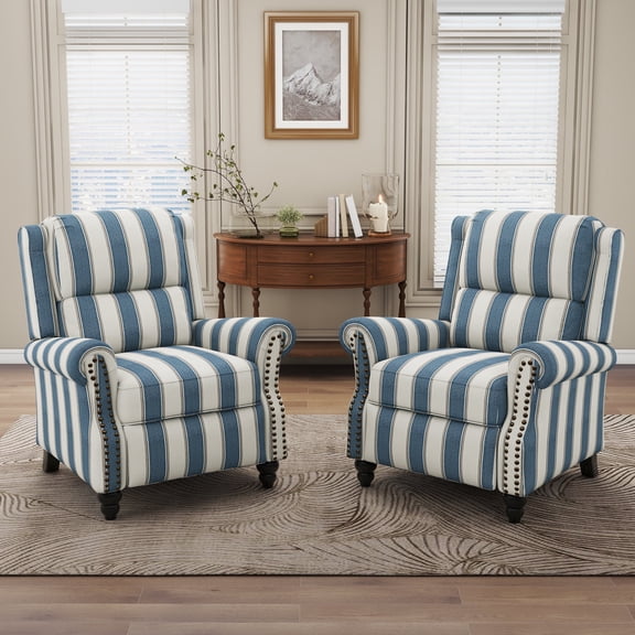 DREAMSIDEA Pushback Recliner Chair Sets of 2, Fabric Accent Armchair, Home Theater Overstuffed Single Sofa for Living Room, Stripe Navy