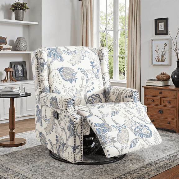 DREAMSIDEA Recliner Swivel Glider Rocker Nursery Chair for Adults, High Back Upholstered Rocking Armchair for Living Room, Manual Reclining Sofa Lounge Chair with Deep Seat in Fabric - Blue Plants