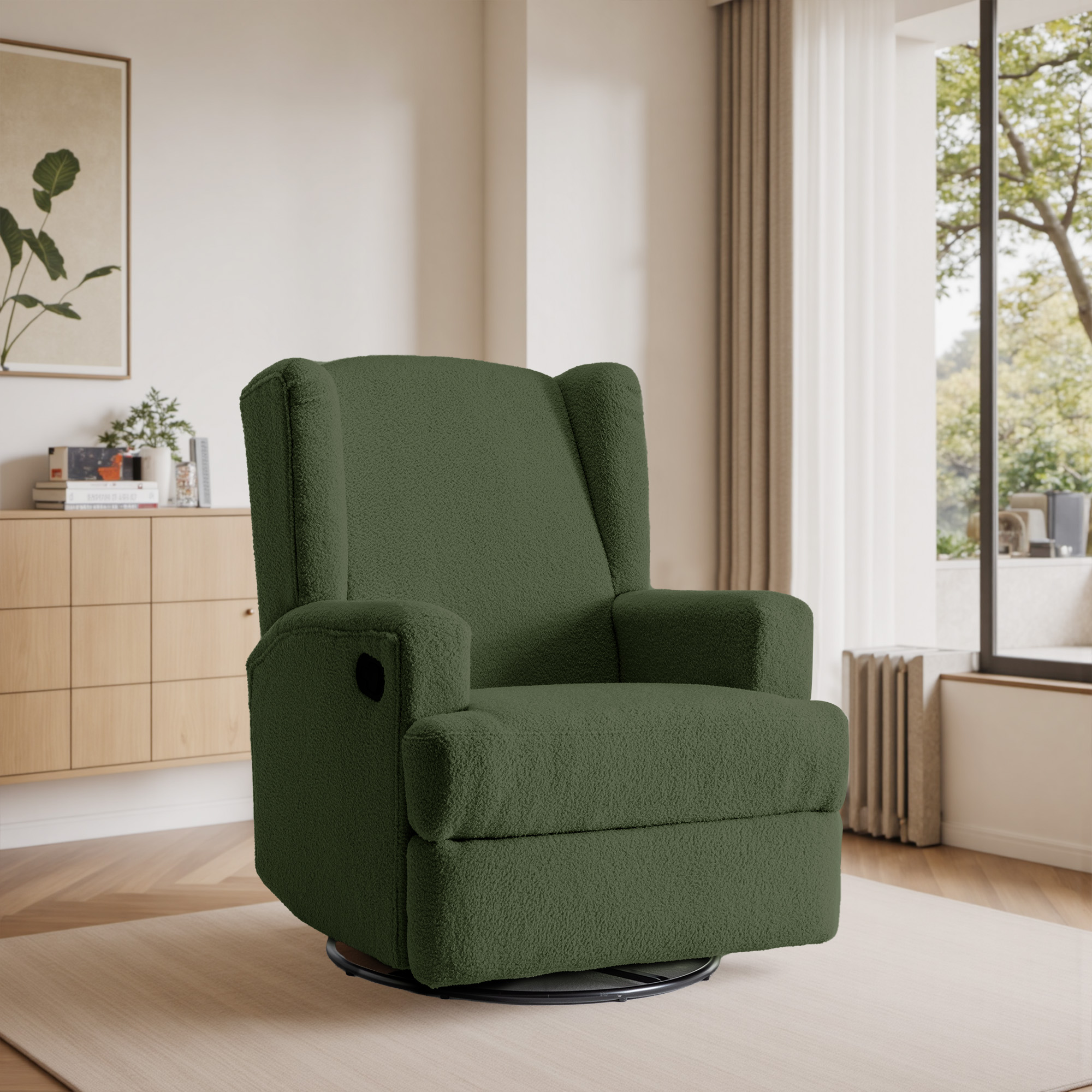 DREAMSIDEA Recliner Swivel Glider Rocker Nursery Chair for Adults, High Back Upholstered Rocking Armchair for Living Room, Manual Reclining Sofa Lounge Chair with Deep Seat in Teddy Fabric - Green