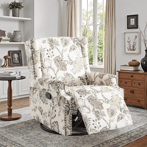 DREAMSIDEA Recliner Swivel Glider Rocker Nursery Chair for Adults, High Back Upholstered Rocking Armchair for Living Room, Manual Reclining Sofa Lounge Chair with Deep Seat in Fabric - Beige Plants