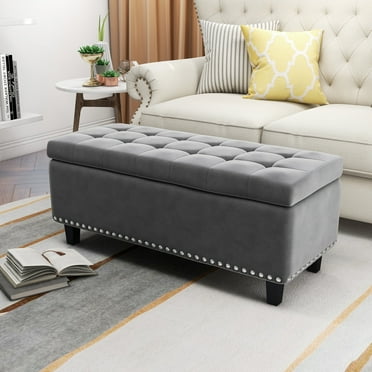 DREAMSIDEA Storage Ottoman Bench Bedroom Bench Holds up to 400lb, 41.3''Tufted Velvet Upholstered Footstool Bench with Wooden Legs for Entryway, Living Room Bedroom, Gray