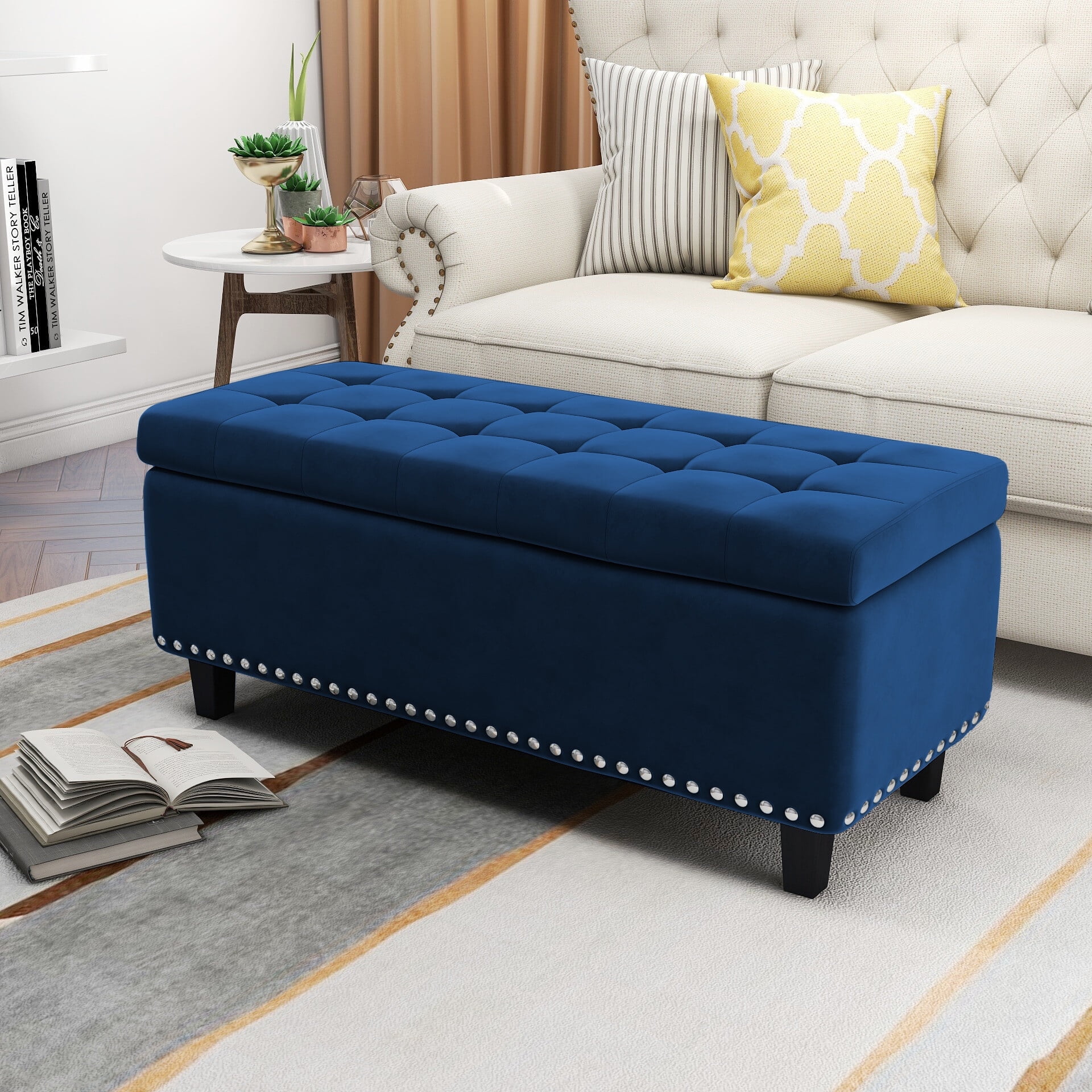 DREAMSIDEA Storage Ottoman Bench Bedroom Bench Holds up to 400lb, 41.3''Tufted Velvet Upholstered Footstool Bench with Wooden Legs for Entryway, Living Room Bedroom, Navy - Walmart.com