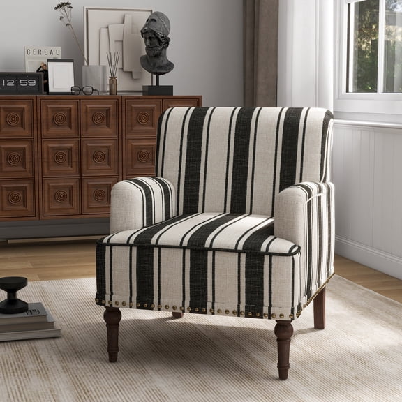 DREAMSIDEA Stripe Accent Chair ArmChair,Living Room Chair with Arms, Comfy Single Sofa Reading Chair Nailhead Trim for Bedroom, Black