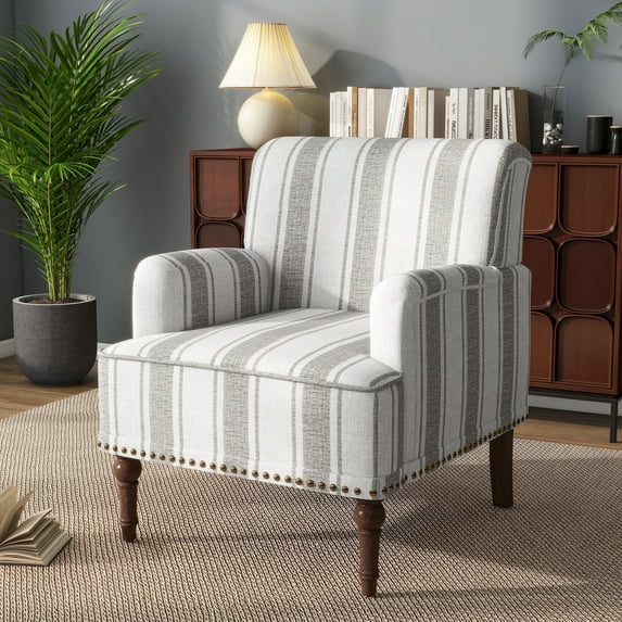 DREAMSIDEA Stripe Accent Chair ArmChair,Living Room Chair with Arms, Comfy Single Sofa Reading Chair Nailhead Trim for Bedroom, Gray