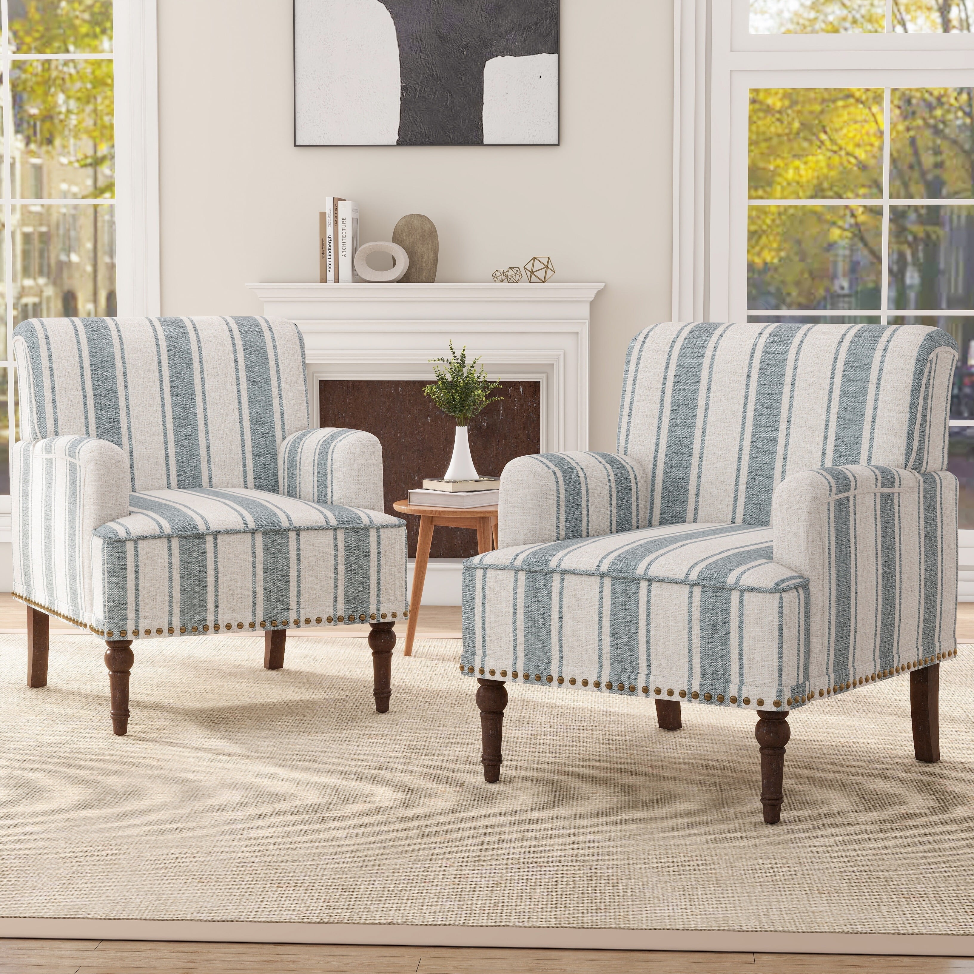Dark Blue Striped Cotton Fabric Barrel Accent Chair with Wood Legs