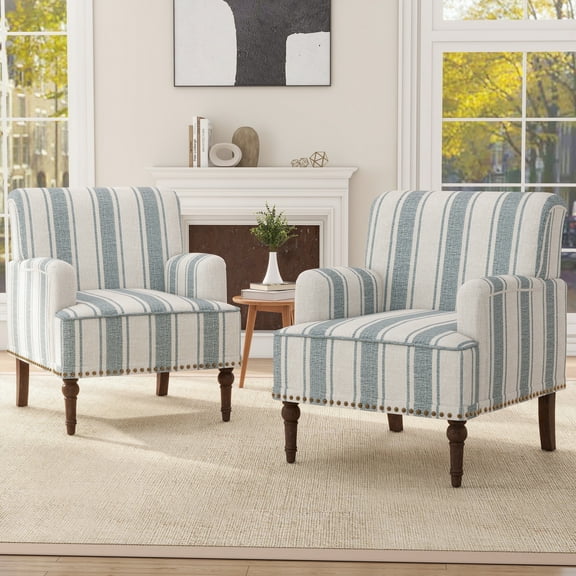 DREAMSIDEA Stripe Accent Chairs Set of 2,Living Room Chair with Arms, Comfy Single Sofa Reading Chair Nailhead Trim for Bedroom, Blue