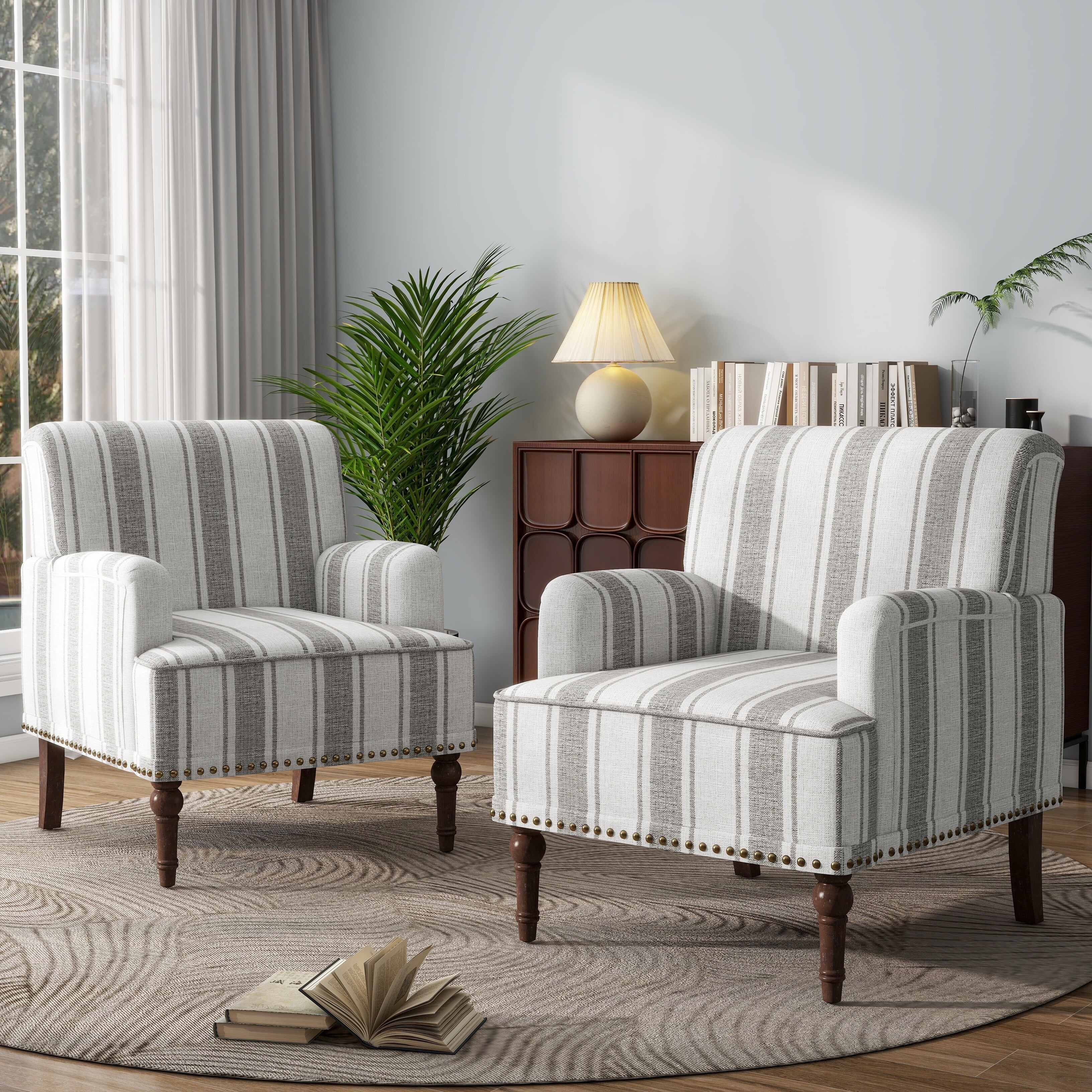Gray Striped Barrel Accent Chair with Nailhead Trim