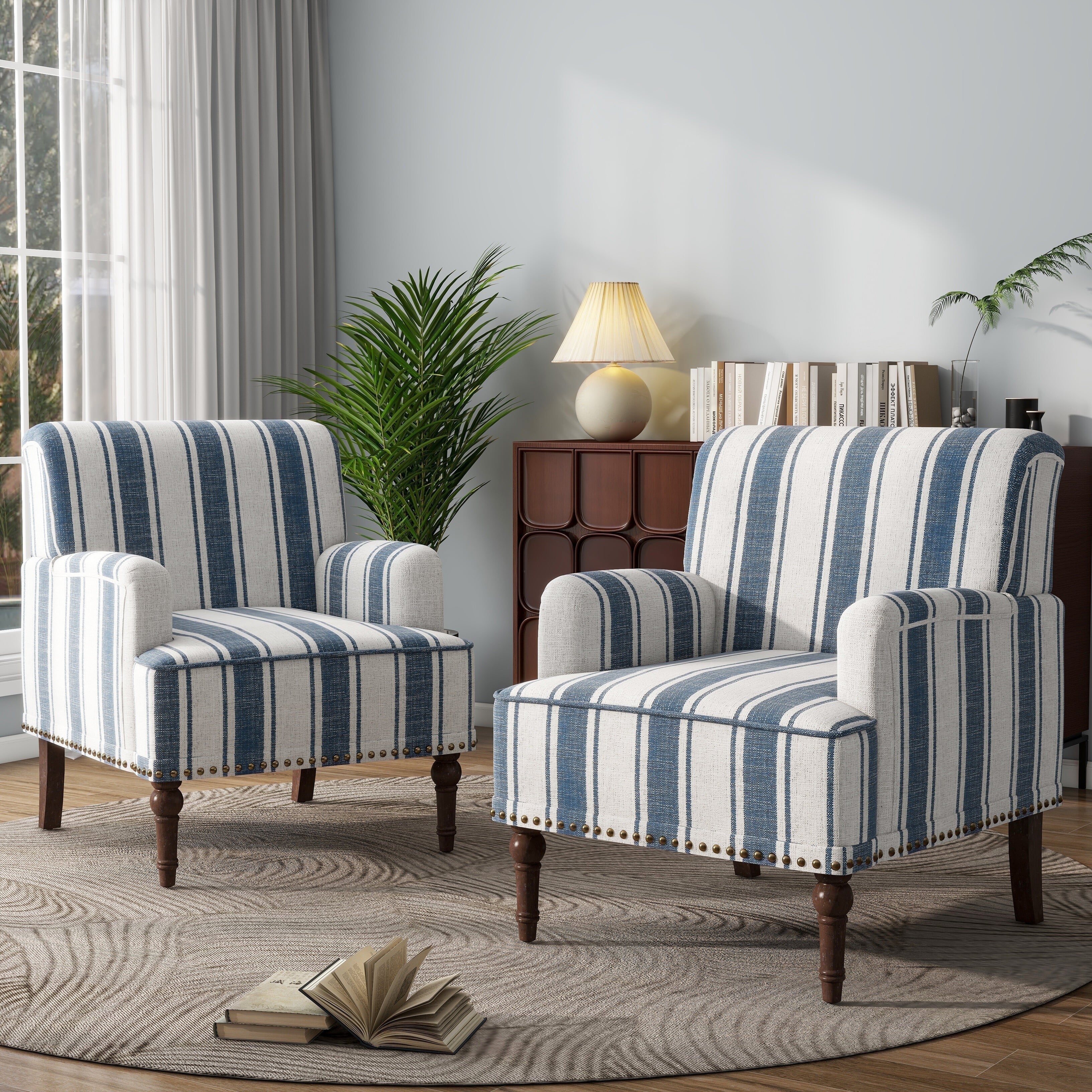 DREAMSIDEA Stripe Accent Chairs Set of 2,Living Room Chair with Arms, Comfy Single Sofa Reading Chair Nailhead Trim for Bedroom, Navy Blue