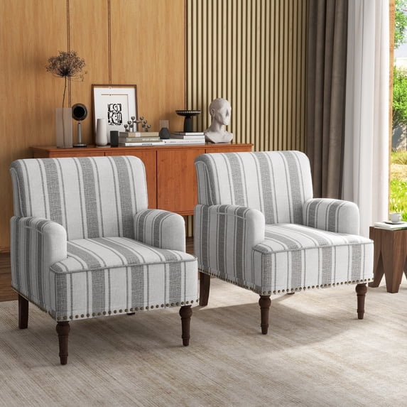 DREAMSIDEA Striped Accent Chairs for Living Room Set of 2,Comfy Single Armchair Reading Chair Nailhead Trim for Bedroom, Gray