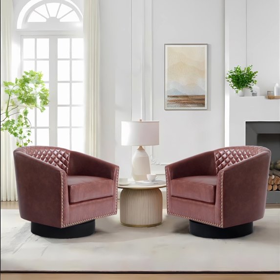 DREAMSIDEA Swivel Accent Chair Sets of 2 for Living Room, PU Leather 360°Swivel Barrel Club Chair Comfy Single Reading Chair - Red Brown