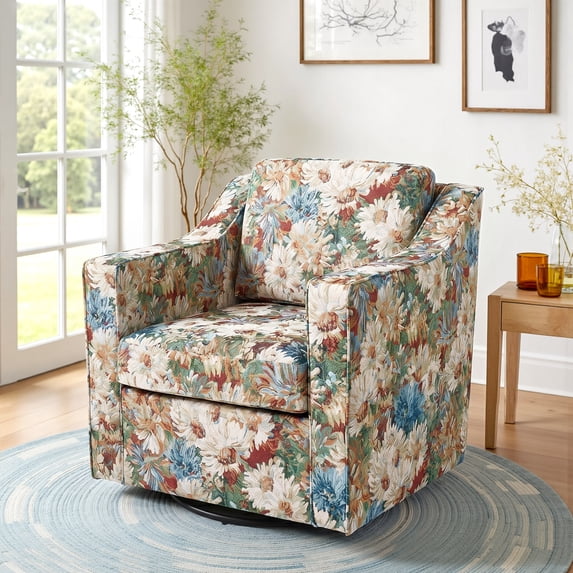 DREAMSIDEA Swivel Accent Chair, Swivel Barrel Chair, Upholstered Comfy 360 Degree Swivel Club Chair for Living Room/Bedroom/Waiting Room/Office(Floral Chair Orange Blooms, Set of 1)