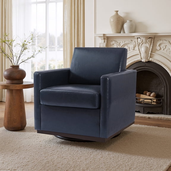DREAMSIDEA Swivel Accent Chair for Living Room, Comfortable Swivel Barrel Chair for Bedroom, Faux Leather in Navy