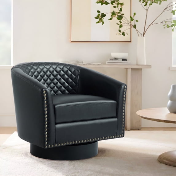 DREAMSIDEA Swivel Accent Chair for Living Room, PU Leather 360°Swivel Barrel Club Chair Comfy Single Reading Chair - Black