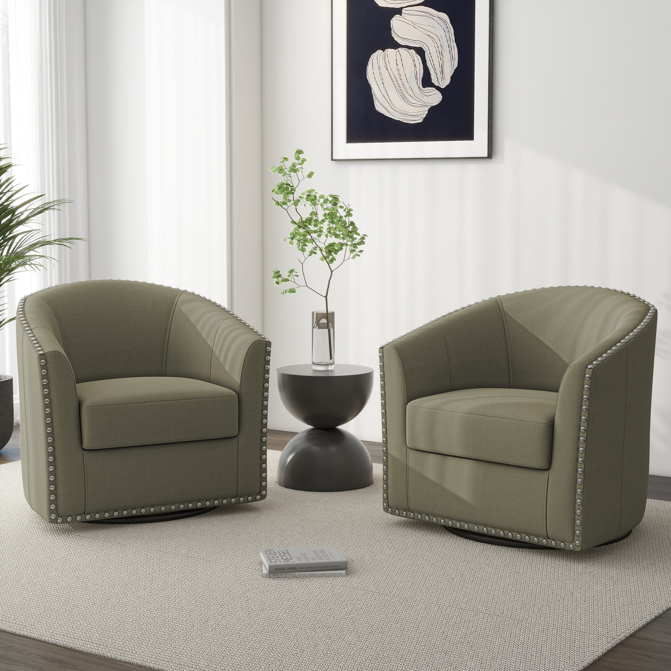 DREAMSIDEA Swivel Accent Chairs Set of 2,Oversized Linen Barrel Club ...