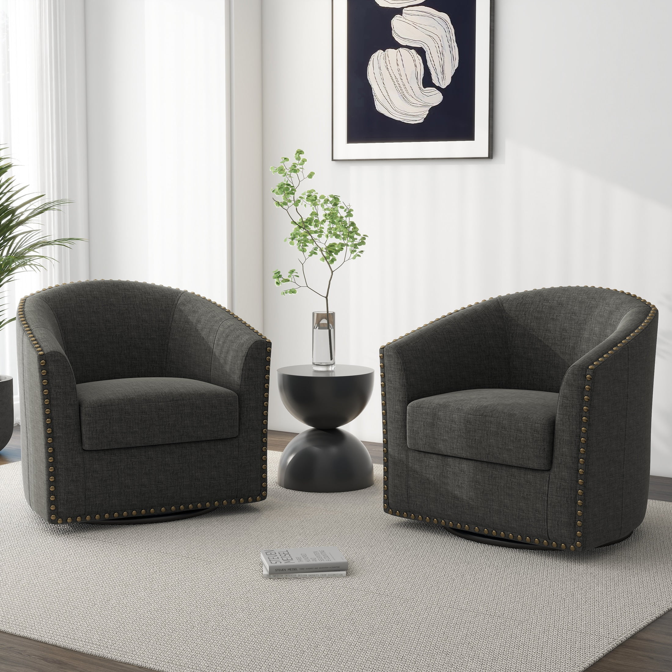 Gray Polyester Blend Swivel Barrel Chair Set with Nailhead Trim