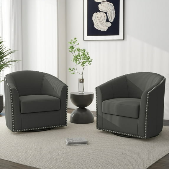DREAMSIDEA Swivel Accent Chairs Set of 2,Oversized Linen Barrel Club Chair Upholstered Armchair for Living Room -Light Gray