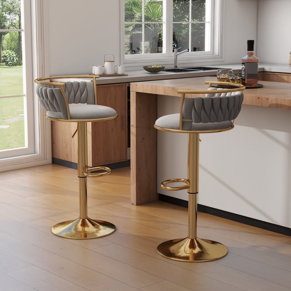 DREAMSIDEA Swivel Bar Stools Set of 2 Modern Velvet Upholstered High Back Adjustable Bar Chairs with Golden Footrest for Kitchen Counter Square Island,Gray