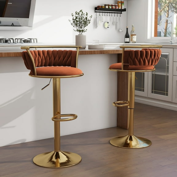 DREAMSIDEA Swivel Bar Stools Set of 2 Modern Velvet Upholstered High Back Adjustable Bar Chairs with Golden Footrest for Kitchen Counter Square Island, Orange