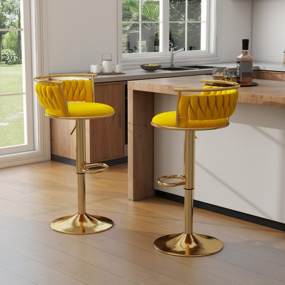 DREAMSIDEA Swivel Bar Stools Set of 2 Modern Velvet Upholstered High Back Adjustable Bar Chairs with Golden Footrest for Kitchen Counter Square Island, Yellow