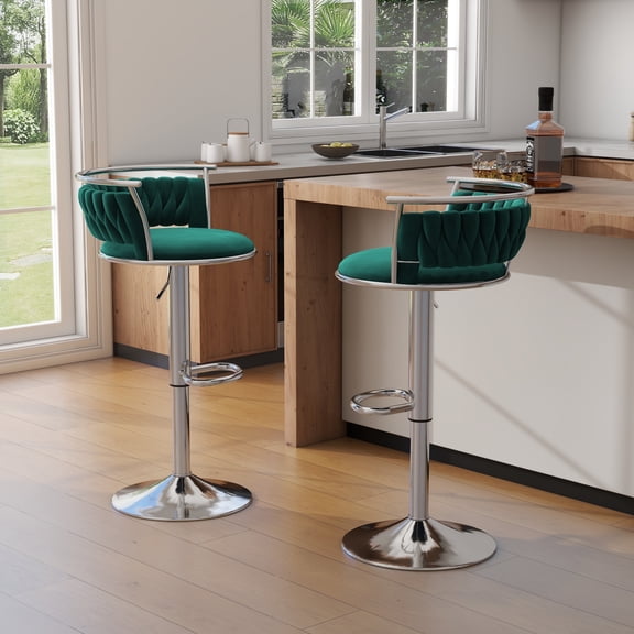 DREAMSIDEA Swivel Bar Stools Set of 2 Modern Velvet Upholstered High Back Adjustable Bar Chairs with Silver Footrest for Kitchen Counter Square Island, Dark Green