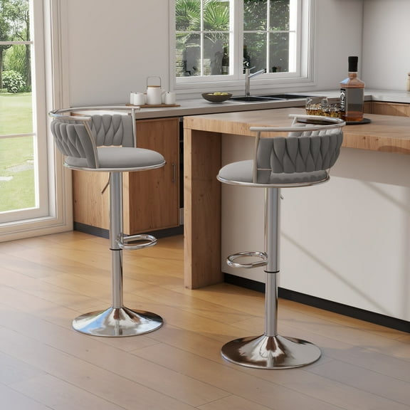 DREAMSIDEA Swivel Bar Stools Set of 2 Modern Velvet Upholstered High Back Adjustable Bar Chairs with Silver Footrest for Kitchen Counter Square Island,Gray