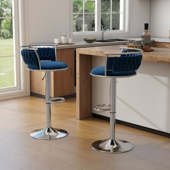 DREAMSIDEA Swivel Bar Stools Set of 2 Modern Velvet Upholstered High Back Adjustable Bar Chairs with Silver Footrest for Kitchen Counter Square Island, Navy Blue