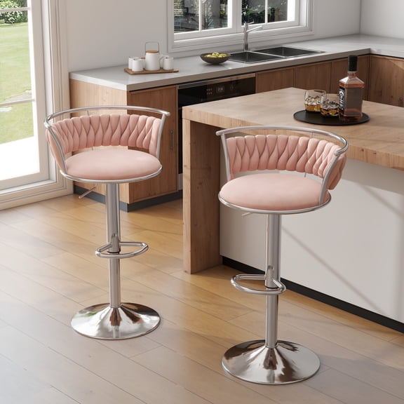 DREAMSIDEA Swivel Bar Stools Set of 2 Modern Velvet Upholstered High Back Adjustable Bar Chairs with Silver Footrest for Kitchen Counter Square Island,Pink