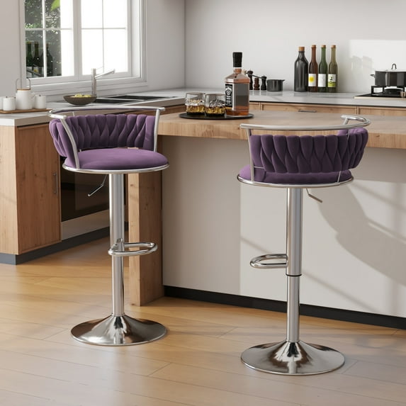DREAMSIDEA Swivel Bar Stools Set of 2 Modern Velvet Upholstered High Back Adjustable Bar Chairs with Silver Footrest for Kitchen Counter Square Island, Purple