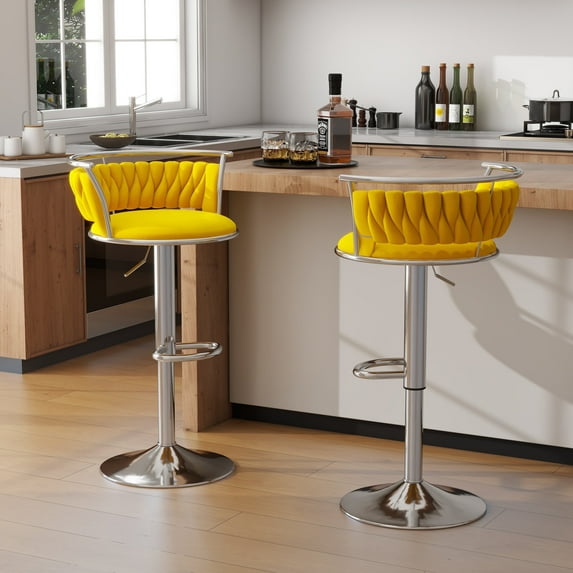 DREAMSIDEA Swivel Bar Stools Set of 2 Modern Velvet Upholstered High Back Adjustable Bar Chairs with Silver Footrest for Kitchen Counter Square Island, Yellow