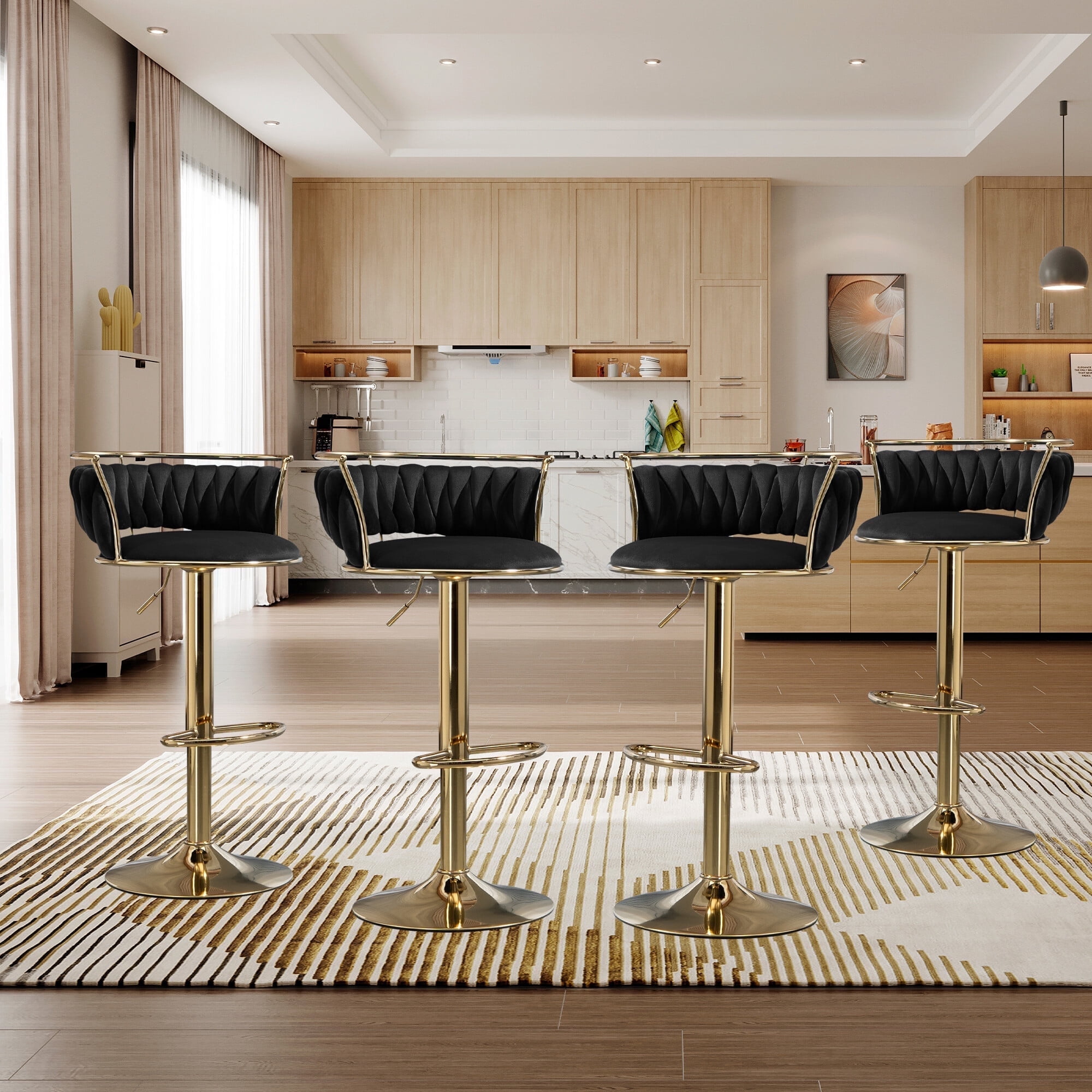 DREAMSIDEA Swivel Bar Stools Set of 4 Modern Velvet Upholstered High Back Adjustable Bar Chairs with Golden Footrest for Kitchen Counter Square Island, Black