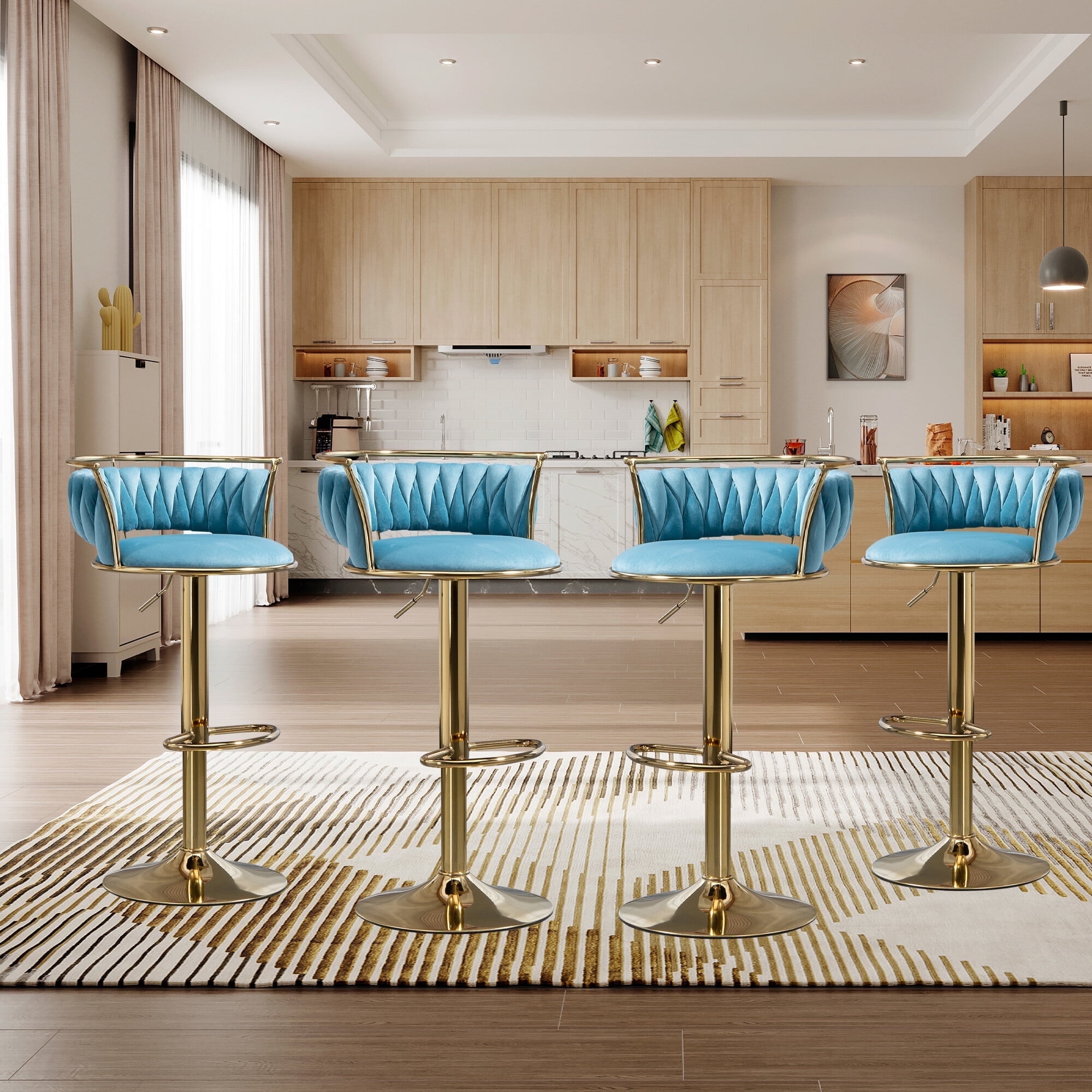 DREAMSIDEA Swivel Bar Stools Set of 4 Modern Velvet Upholstered High Back Adjustable Bar Chairs with Golden Footrest for Kitchen Counter Square Island, Blue