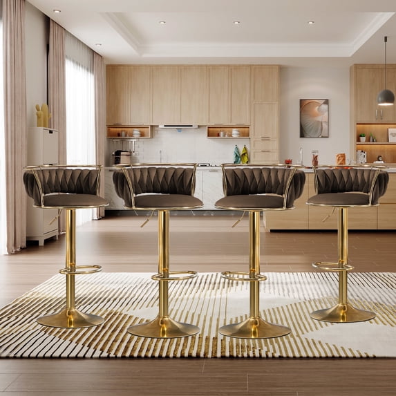 DREAMSIDEA Swivel Bar Stools Set of 4 Modern Velvet Upholstered High Back Adjustable Bar Chairs with Golden Footrest for Kitchen Counter Square Island, Coffee